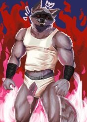 absurd_res anthro bodily_fluids bulge canid canine canis clothing death_(puss_in_boots) dreamworks dreamworks_animation fire fur furry genital_fluids genitals grey_body grey_fur hi_res leaking_precum male mammal muscular muscular_male penis precum puss_in_boots:_the_last_wish puss_in_boots_(dreamworks) puss_in_boots_(film) puss_in_boots_(franchise) puss_in_boots_the_last_wish shirt shrek_(series) solo tank_top topwear underwear universal_pictures universal_studios wafflefox12 wolf