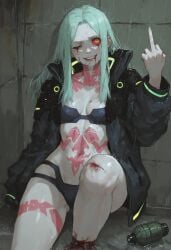 ai ai-created ai_generated blue_skin colored_skin cyberpunk:_edgerunners middle_finger no_artist_because_its_ai rebecca_(edgerunners) small_breasts