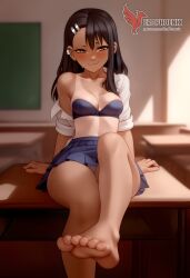 1girls 2d ai_generated areolae ass back bare_shoulders big_ass black_hair blue_eyes bra brown_eyes dark_skin dark_skinned_female day erophoenix female female_focus full_body hairclip hayase_nagatoro jewelry long_hair looking_at_viewer one-piece_tan panties patreon_username please_don't_bully_me,_nagatoro sitting skin_fang small_breasts smile solo tan tan_body tan_lines tanline thick thick_thighs uncensored underwear undressing