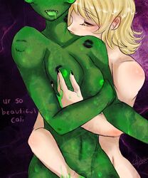 2girls black_nails blonde_hair breasts calliope calliope_(homestuck) cherub closed_eyes dialogue drooling green_nipples green_skin homestuck lesbian lipstick_mark ms_paint_adventures multiple_girls naked nipples open_mouth roxy_lalonde sharp_teeth short_hair text webcomic white_skin yuri