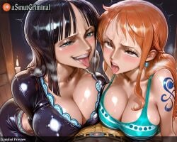 2girls :p ai_generated arm_tattoo asmutcriminal bangs black_hair blue_eyes blunt_bangs blush breast_press breast_tattoo breasts breath brown_eyes cleavage collarbone earrings heart-shaped_pupils heavy_breathing jewelry large_breasts long_hair multiple_girls nami_(one_piece) naughty_face navel nico_robin one_piece open_mouth orange_hair pre-timeskip saliva shiny shorts shoulder_tattoo sweat tagme tattoo tongue tongue_out tongue_piercing trembling unzipped