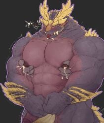 a_krr_chuan anthro biceps black_background blush bodily_fluids capcom clothed clothing disembodied_hand dragon duo embarrassed flaccid foreskin genitals grabbing_from_behind green_eyes hi_res humanoid_genitalia humanoid_penis lactating magnamalo male male_lactation monster_hunter muscular muscular_male mythological_creature mythological_scalie mythology nipple_fetish nipple_pinch nipple_play partially_clothed pecs penis pinch quads retracted_foreskin scalie simple_background solo_focus standing three-quarter_view tongue tongue_out underwear underwear_down