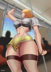 blonde_hair booty_shorts bra cage caged caged_cock casey_reese_(norwell_college) chastity chastity_cage chastity_device clothed clothing cock_cage commission commissioner_upload crop_top flat_chastity_cage gin63 gold_chastity_cage gold_jewelry lingerie mostly_clothed norwell_college orgasm_denial penis_cage public stockings subway subway_train tagme
