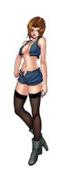 ankle_boots bare_shoulders black_background black_thighhighs blue_eyes blue_shorts boots breasts brown_hair cg cleavage covered_nipples crop_top denim denim_shorts female full_body hentai_heroes high_heel_boots high_heels kinkoid large_breasts lips lipstick looking_at_viewer makeup medium_breasts midriff miss_spook_(hentai_heroes) navel no_bra official_art open_clothes open_fly parody short_hair short_shorts shorts simple_background smile solo standing thighhighs transparent_background unbuttoned unzipped vest