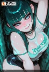 ai_generated bag bangs blue_eyes blunt_bangs blush bra_visible_through_clothes breasts choker clothes_writing dollmaker dollmaker_(artist) female green_hair large_breasts long_hair looking_at_viewer multicolored_hair on_back patreon_username see-through shirt shorts smile solo t-shirt tagme web_address wet wet_clothes wet_shirt