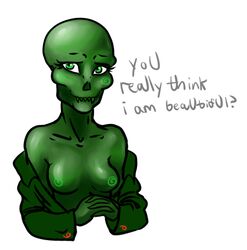 1girls bald bald_female breasts calliope calliope_(homestuck) cherub clothing color dialogue green_eyes green_nipples green_skin homestuck looking_at_viewer ms_paint_adventures nipples sharp_teeth solo text webcomic white_background