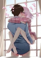 1boy absurdres aijou_rentarou barefoot blue_shirt blush bottomless brown_hair commentary couple curtains female hair_down heart heart-shaped_pupils highres hug indoors kimi_no_koto_ga_dai_dai_dai_dai_daisuki_na_100-nin_no_kanojo kissing leg_lock long_sleeves medium_hair momi_momiji morning petite pink_eyes pink_hair pink_shirt plaid_clothes plaid_shirt saliva sex shashadog18 shirt straight symbol-shaped_pupils testicles unmoving_pattern upright_straddle window