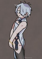 alternate_costume black_legwear china_dress chinese_clothes crossdressing femboy femboy_dilf gegege_no_kitarou hair_over_one_eye half-closed_eyes kitarou_tanjou_gegege_no_nazo looking_at_viewer looking_back male male_only medama_oyaji_(human) pale-skinned_male pale_skin pelvic_curtain side_slit solo stockings sweatdrop ttbbsskk white_hair