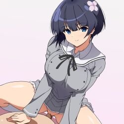 1boy blue_eyes blue_hair bowl_cut breasts censored closed_mouth clothed_female_nude_male clothed_sex commentary_request cowgirl_position cowgirl_position female flower gessen_academy_school_uniform hair_flower hair_ornament happy_sex highres large_breasts nude oyashimakanya penis pov school_uniform senran_kagura sex short_hair smile solo_focus spread_legs straddling straight vaginal_penetration yozakura_(senran_kagura)