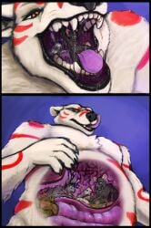 acid_burns acidic anthro bear black_nose blue_eyes bodily_fluids fur gore grey_body grey_fur group hard_vore hi_res imminent_death internal lagomorph leporid licking licking_lips licking_own_lips male mammal markings mouse mouth_shot murid murine narrowed_eyes nude open_mouth oral_vore orange_eyes polar_bear purple_tongue rabbit red_markings rodent saliva saliva_string scared simple_background stomach_acid tongue tongue_out trio unwilling_prey ursine vore white_body white_fur