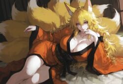 9_tails big_breasts fox_ears fox_girl kimono rwby yang_xiao_long
