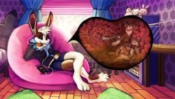 16:9 acidic anthro black_clothing black_jacket black_topwear blue_bottomwear blue_clothing blue_eyes bodily_fluids bottomwear brown_body brown_fur clothed clothing crossed_legs female fur group hair imminent_death inside internal jacket lagomorph leporid male mammal mouse murid murine narrowed_eyes nude open_mouth rabbit rodent scared short_hair sitting stomach_acid topwear vore white_body white_fur white_hair widescreen