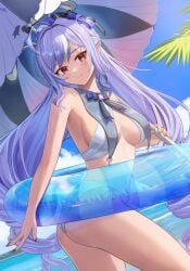 ass bikini blue_sky breasts day drill_hair dutch_angle female highres holding holding_umbrella innertube long_hair looking_at_viewer medium_breasts mitsukayurie multicolored_hair parasol purple_hair red_eyes side-tie_bikini_bottom sky sling_bikini_top smile solo streaked_hair swim_ring swimsuit twin_drills umbrella vivian_banshee white_bikini white_hair zenless_zone_zero