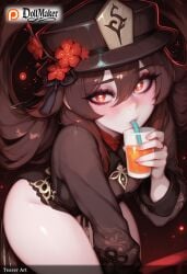 ai_generated artist_name blush brown_hair crazy_straw cup dollmaker dollmaker_(artist) drink drinking drinking_glass drinking_straw female flower hair_between_eyes hat hat_flower hibiscus holding holding_cup hu_tao_(genshin_impact) long_hair long_sleeves looking_at_viewer patreon_logo patreon_username red_eyes red_flower solo tagme thighs very_long_hair watermark