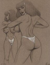 1girls ass big_breasts breasts daphne_blake julius_zimmerman long_hair looking_at_viewer looking_over_shoulder panties panties_only partially_colored reflection scooby-doo solo solo_female white_panties