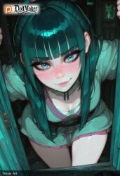 ai_generated aqua_eyes artist_name bangs blunt_bangs blush breasts deviantart_username dollmaker dollmaker_(artist) downblouse female long_hair looking_at_viewer patreon_username small_breasts solo tagme underwear watermark web_address