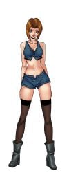 ankle_boots bare_shoulders black_background black_thighhighs blue_eyes blue_shorts boots breasts brown_hair cg cleavage crop_top denim denim_shorts female full_body hentai_heroes high_heel_boots high_heels kinkoid large_breasts lipstick looking_at_viewer makeup medium_breasts midriff miss_spook_(hentai_heroes) navel no_bra official_art open_fly parody short_hair short_shorts shorts simple_background smile solo standing thighhighs transparent_background unzipped