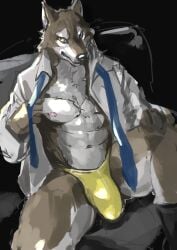 2023 absurd_res anthro biped black_eyes black_nose blue_necktie brown_body brown_fur bulge canid canine canis clothed clothed_anthro clothed_male clothing detailed_bulge digital_media_(artwork) fingers fur glistening glistening_body glistening_eyes hi_res kemonokoko male male_anthro mammal multicolored_body multicolored_fur navel necktie nipples open_clothing open_shirt open_topwear pantsless pantsless_anthro pantsless_male pink_nipples pointy_ears shirt solo topwear underwear white_body white_clothing white_fur white_shirt white_topwear wolf yellow_clothing yellow_sclera yellow_underwear