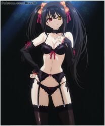 1girls ai_generated black_bra black_panties black_thighhighs bluu_ai bra date_a_live garter_belt heterochromia lingerie panties solo thighhighs tokisaki_kurumi