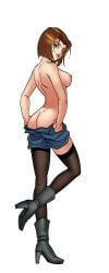ankle_boots ass back black_background black_thighhighs blue_eyes boots breasts brown_hair butt_crack cg clothes_pull female from_behind full_body hentai_heroes high_heel_boots high_heels kinkoid large_breasts lipstick looking_at_viewer looking_back makeup medium_breasts miss_spook_(hentai_heroes) nipples official_art pantyhose parody shoes short_hair shorts simple_background smile solo standing thighhighs topless transparent_background undressing