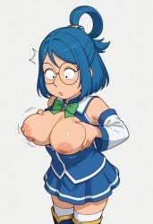 1girls 20th_century_fox 20th_century_studios ai_generated aqua_(konosuba)_(cosplay) blue_hair blue_shirt blue_skirt bow bowtie breast_squeeze breasts breasts_squeezed_together cosplay crossover crossover_cosplay family_guy female fox_corporation fuzzy_door_productions glasses grabbing_breasts green_bow kono_subarashii_sekai_ni_shukufuku_wo! large_breasts meg_griffin nipples shirt skirt thighhighs