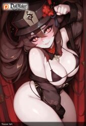 ai_generated artist_name bikini black_bikini blush breasts brown_hair dollmaker dollmaker_(artist) female flower hair_between_eyes hat jacket large_breasts long_hair looking_at_viewer micro_bikini patreon_logo patreon_username red_eyes smile solo swimsuit tagme thighs very_long_hair watermark web_address