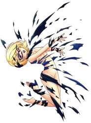 :d barefoot black_lips blonde_hair breasts confident domino_mask exploding_clothes female from_side god_tier_(homestuck) high_heels highres homestuck looking_at_viewer mask navel nipples one_eye_closed pink_eyes roxy_lalonde short_hair skechplezures small_breasts smile torn_clothes transparent_background undressing