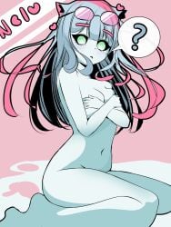 1girls adventurer_(toram_online) black black_sclera blue_skin glasses green_eyes hands_on_breasts naked sitting slime_girl toram_online vtuber wolf_ears
