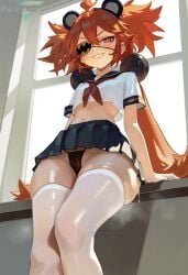 ai_generated black_panties crop_top female from_below koleda_belobog marshalperv pervmarshal school_uniform shiny_skin skirt thighhighs zenless_zone_zero