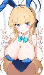:> blue_archive blush double_v huge_breasts millennium_science_school_student toki_(blue_archive) toki_(bunny)_(blue_archive) ukiii