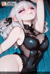 ai_generated armpits bangs bare_shoulders black_ribbon black_swimsuit blush breasts cleavage closed_eyes closed_mouth covered_navel dollmaker dollmaker_(artist) eyebrows_visible_through_hair female frills hair_between_eyes hair_ribbon hat long_hair lying one-piece_swimsuit patreon_logo patreon_username ribbon silver_hair smile solo tagme very_long_hair watermark wet