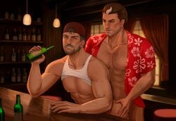 2boys abs alcohol alcohol_bottle alcoholic_drink anal_sex arm_hair arron_freeman_(wyldecard) bar baseball_cap beard beer brown_hair brunette_hair chest_hair commission commission_art commissioner_upload drinking drinking_beer gay gay_sex grand_theft_auto grand_theft_auto_vi gta hairy hairy_male hawaiian_shirt jason_duval jason_duval_(gta_vi) looking_at_each_other looking_at_partner looking_back looking_pleasured magentamoon male male/male male_only male_penetrated male_penetrating male_penetrating_male mallen_streak muscular muscular_male nipples open_shirt penetration raised_shirt shirt_above_breasts shirt_above_pecs standing_sex