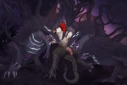 animal_genitalia anthro anthro_on_feral avian balls black_body black_fur black_pawpads bodily_fluids claws dragon duo eldritch_abomination erection feral fur furred_dragon furred_scalie genital_fluids genitals hi_res hybrid licking male male/male male_on_feral mythological_creature mythological_scalie mythology oral pawpads penile penis penis_lick precum purple_penis scalie sex sheath size_difference svevato teeth tongue white_claws zoophilia