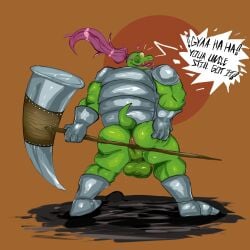 anthro anus armor ass backsack balls boots bottomless clothed clothing deltarune english_text footwear genitals gerson green_body hair hammer hi_res male mature_male one_eye_closed perineum pink_hair ponytail presenting presenting_anus reptile scalie shell shoes solo ssatoh text tools turtle unconvincing_armor undertale_(series) warhammer wink