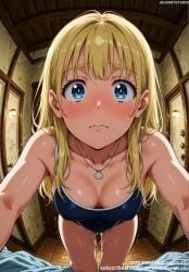 ai_generated all_fours bangs bare_arms bare_shoulders bed blonde_hair blue_eyes blue_one-piece_swimsuit blue_swimsuit blush breasts ceiling clavicle cleavage closed_mouth clothing collarbone competition_school_swimsuit eyebrows female female female_only hanging_breasts indoors jewelry jousneystudio kofune_ushio large_breasts long_hair looking_at_viewer male medium_breasts navel necklace nose_blush on_bed one-piece_swimsuit original school_swimsuit semen shell shell_necklace solo solo_focus summertime_render sweat sweatdrop swimsuit tank_suit thighs trembling window