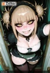 ai_generated bangs black_legwear blonde_hair blunt_bangs blush breasts cleavage dollmaker dollmaker_(artist) double_bun eyebrows_visible_through_hair fangs female hair_bun hair_scrunchie looking_at_viewer maid maid_headdress medium_breasts patreon_username scrunchie short_twintails smile solo tagme teeth thighhighs toga_himiko watermark web_address yellow_eyes