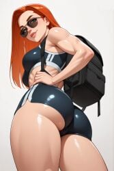 ai_generated ass ass_focus atom_eve backpack green_eyes orange_hair seductive seductive_look shorts sunglasses tank_top thighs