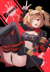 :d black_jacket black_panties black_skirt black_thighhighs black_tube_top blonde_hair breasts burnice_white character_name collar commentary eyewear_on_head feet_out_of_frame female flame_print hair_ornament highres jacket large_breasts looking_at_viewer medium_hair miniskirt mitsukayurie one_eye_closed open_clothes open_jacket open_mouth orange-tinted_eyewear orange_eyes panties red_collar signature skirt smile solo strapless sunglasses teeth thighhighs tinted_eyewear tube_top twintails underwear upper_teeth_only v zenless_zone_zero