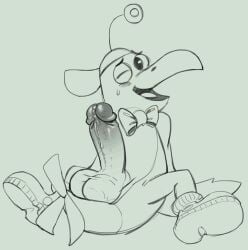 apis_(artist) avian backwards_baseball_cap backwards_hat balls baseball_cap beak big_balls big_penis bird blush boots bow_tie circumcised clothing cyberchase digit_(cyberchase) erection feral footwear genitals hat headgear headwear huge_balls huge_cock humanoid_genitalia humanoid_penis looking_at_viewer machine male monochrome one_eye_closed open_mouth pbs penis robot shoes solo