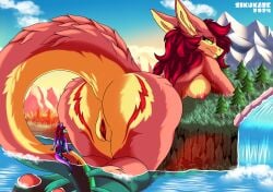 2024 absurd_res anthro ass bathing bent_over big_breasts big_butt breasts canid canine canis chelsinge_(sikukaze) cliff digital_media_(artwork) dragon duo extreme_size_difference fangs female female_anthro fur furred_dragon furred_scalie genitals hair hi_res huge_butt huge_hips hybrid larger_female long_tail macro macro_anthro macro_female male male_anthro mammal mountain mythological_creature mythological_scalie mythology nipples nude plant rear_view red_hair scalie seductive siku_(sikukaze) sikukaze size_difference sky smaller_male tail teeth thick_thighs tree vulva waterfall wide_hips wolf
