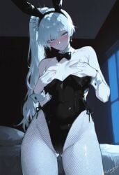 blush bunny_ears bunnysuit covering_breasts fishnet_legwear kizirugai rwby small_breasts weiss_schnee white_hair