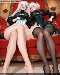 2b_(nier:automata) 2girls a2_(nier:automata) ai_generated android bare_shoulders barefoot black_blindfold black_dress black_footwear black_gloves black_hairband black_legwear black_shorts blindfold boots breasts choker cleavage cleavage_cutout clothing_cutout crossed_legs cuckingmama dress drone elbow_gloves facing_viewer feather-trimmed_sleeves feather_trim feet gloves hairband high_heel_boots high_heels highleg highleg_leotard juliet_sleeves leotard long_sleeves medium_breasts mole mole_under_mouth multiple_girls nier_(series) no_blindfold no_mole parted_lips pink_lips pod_(nier_automata) puffy_sleeves robot robot_joints short_hair shorts silver_hair sitting sleeping sword tagme tassel thigh_boots thighhighs thighhighs_under_boots toenails toes vambraces white_gloves white_hair white_leotard yorha_no._2_type_b yorha_no._9_type_s yorha_type_a_no._2