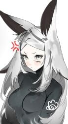 anger_vein angry animal_ears blush breasts closed_mouth dya_rikku dya_rikku_(vtuber) female frown grey_eyes large_breasts long_hair long_sleeves looking_at_viewer medium_breasts parted_bangs silver_hair solo striped striped_background upper_body vertical_stripes vyugen white_background