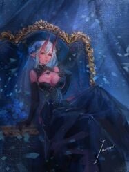 akumi artist_name bare_shoulders black_dress black_gloves breasts cleavage dress earrings elbow_gloves female gloves horns jewelry large_breasts long_hair looking_at_viewer oni_horns pointy_ears signature sitting solo vyugen yellow_eyes