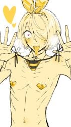 aged_up bob_cut breath bunny_ears fangs femboy gegege_no_kitarou getakichi hair_over_one_eye heart-shaped_pupils kaho_pvt kitarou long_tongue looking_at_viewer male male_only monochrome open_mouth pasties skinny solo sweat tongue_out twink underwear underwear_removed yellow_theme