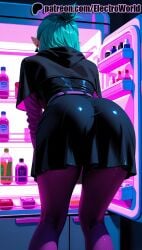 1girls 2025 ai_generated amity_blight aqua_hair artist_name ass black_skirt disney disney_channel electroworld english_text female from_behind hi_res high_quality high_resolution highres patreon patreon_username pointy_ears skirt solo stable_diffusion the_owl_house watermark