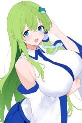 :d arm_under_breasts bare_shoulders blue_eyes blue_skirt blush breasts crossed_bangs detached_sleeves female frog_hair_ornament from_above green_hair hair_between_eyes hair_ornament hair_tubes hand_up happy huge_breasts long_hair long_sleeves moriforest1040 open_mouth sanae_kochiya simple_background single_hair_tube skirt smile snake_hair_ornament solo touhou very_long_hair vest white_background white_vest wide_sleeves