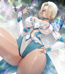 blonde_hair blue_eyes blue_lips blue_nails bob_cut breasts cameltoe choker curvy emma_frost female hair_over_one_eye hand_on_own_hip highres large_breasts leotard looking_at_viewer marvel marvel_rivals short_hair solo sparkle teddypocky thick_thighs thighs white_leotard wide_hips x-men