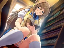 blue_eyes blush book bookshelf breasts brown_hair choukou_(alicesoft) choukou_tenshi_escalayer clothed_masturbation female female_masturbation fingering fingering_through_clothes fingering_through_panties game_cg glasses hair_intakes hair_ribbon kneehighs kouenji_sayuka library long_hair masturbation masturbation_through_clothes non-web_source official_art onigirikun open_mouth panties pantyshot pussy_juice reading ribbon school_uniform sitting skirt socks solo sweat sweater_vest through_clothes underwear variant_set white_panties white_socks