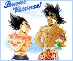 00s 2008 2boys bara beach black_hair crossed_arms dragon_ball italian_text kabu_(artist) lowres male male_only muscular nipples orange_shorts safe shorts son_goku sunburn sunglasses swimwear tagme tan tanline text translation_request vegeta